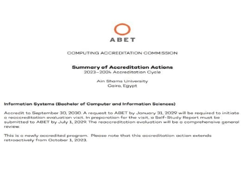 International Accreditation (ABET) of the Department of Information Systems at the Faculty of Computer and Information Sciences