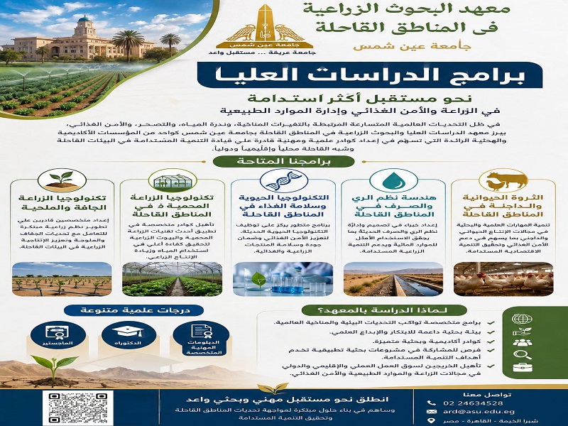 معهد الدراسات العليا والبحوث الزراعية في المناطق القاحلة يقدم مجموعة متميزة من برامج الدراسات العليا باللغـة الإنجليزية