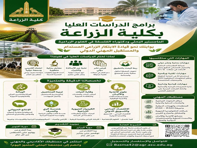 The Faculty of Agriculture Announces the Opening of Applications for Postgraduate Programs for the 2026/2027 Academic Year
