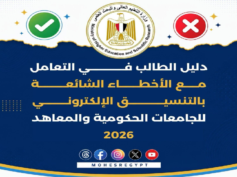 التعليم العالي تنشر دليل الطالب للتعامل مع الأخطاء الشائعة بالتنسيق الإلكتروني للعام الجامعي 2026/2027
