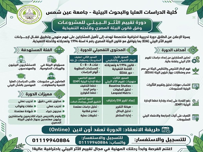 دعمًا للتنمية المستدامة... دورة متخصصة بجامعة عين شمس في تقييم الأثر البيئي للمشروعات